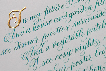 poem in Copperplate script with gold initial